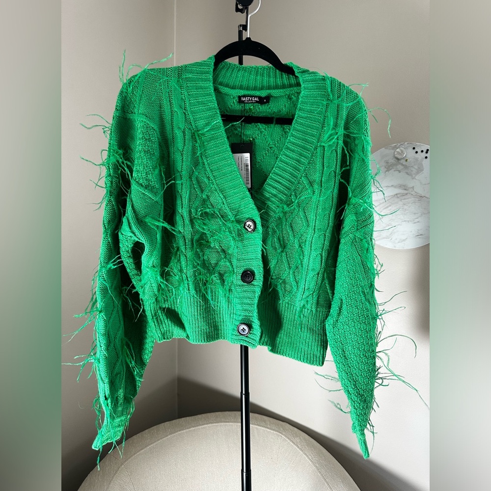 Nasty Gal Collection Green Cable Knit feathered Cardigan size S